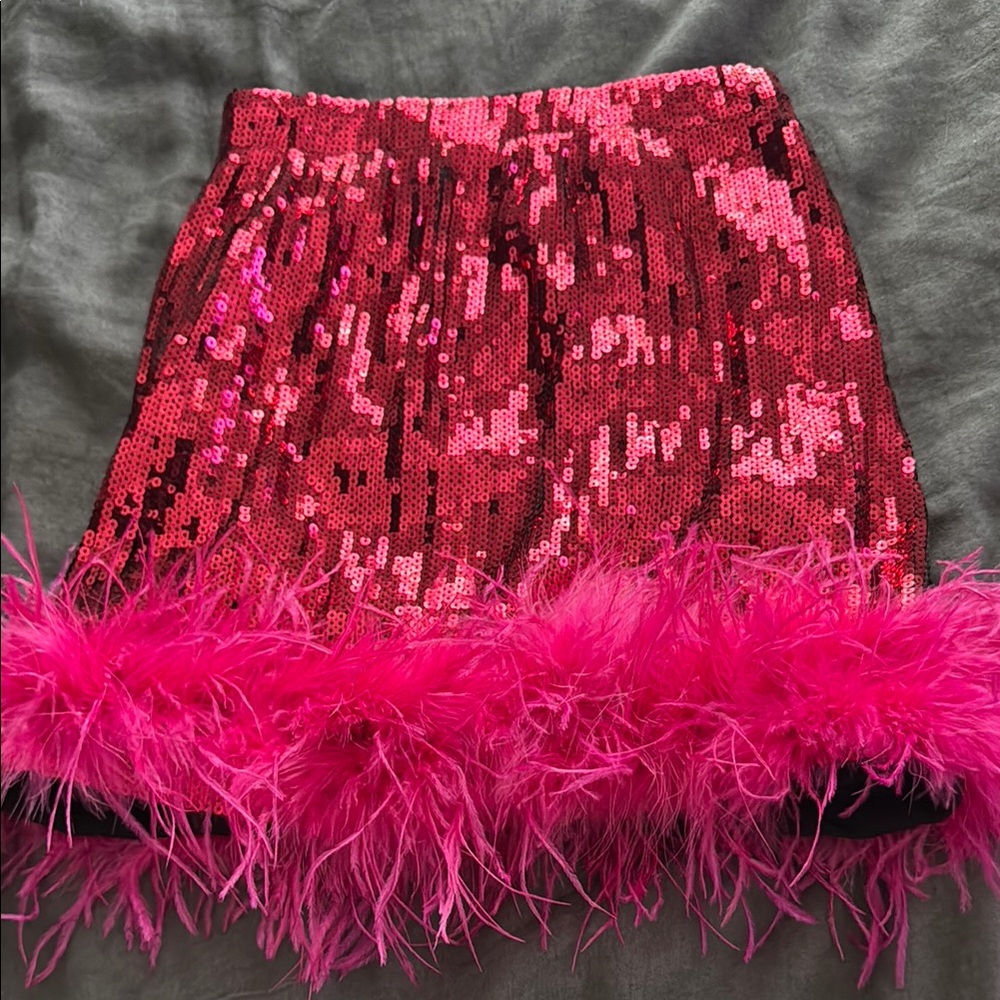 Pink Sequin Feather Trim Skirt